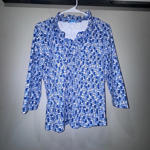 J McLaughlin Women Durham Blue Geometric Print Cowl Neck 3/4 Sleeve Top Sz M - Picture 4 of 11